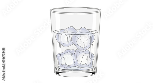 Clear glass tumbler filled with refreshing cold water and ice cubes, , representing hydration, coolness, and thirst quenching