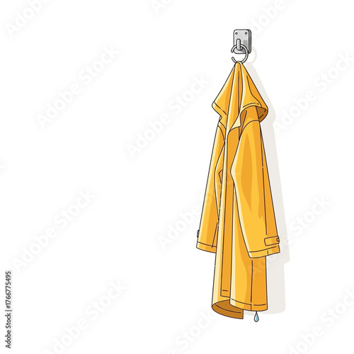 Bright yellow raincoat hanging on silver hook attached to wall, with water droplets visible at the bottom