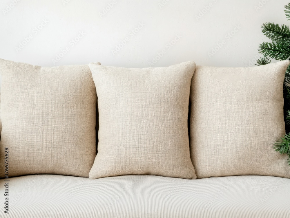 Naklejka premium Three beige cushions arranged on a soft white sofa, complemented by a hint of greenery from a nearby plant, creating a cozy and inviting atmosphere.