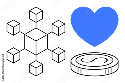 Blockchain structure, coin with dollar, blue heart. Ideal for cryptocurrency, finance, technology, innovation, donation digital payment social equity. Simple flat metaphor