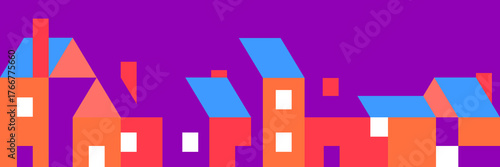 Abstract minimalist city panorama with art silhouettes house or buildings in mosaic colorful simple style. Vector illustration of town background.