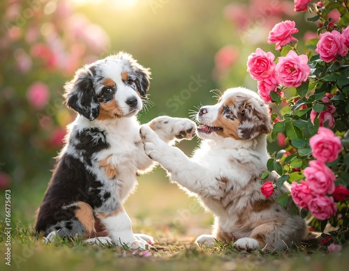 Two adorable puppies playing in a rose garden