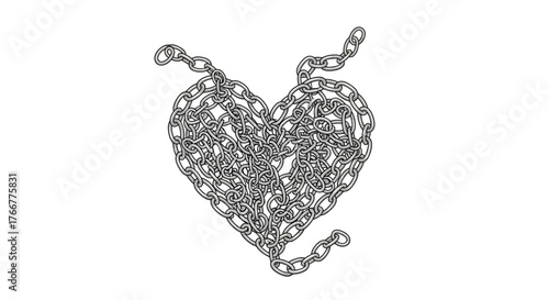 Heart shape formed from heavy metal chain, symbolizing love, connection, and bondage