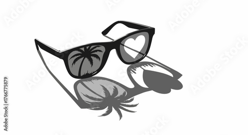 Stylish black sunglasses reflecting tropical palm tree and heart shape, casting shadows on