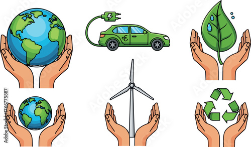 Isolated a Climate change set. Characters hands holding planet earth, electric car, leaf and other objects as metaphor for green energy, transportation and sustainability vector art .