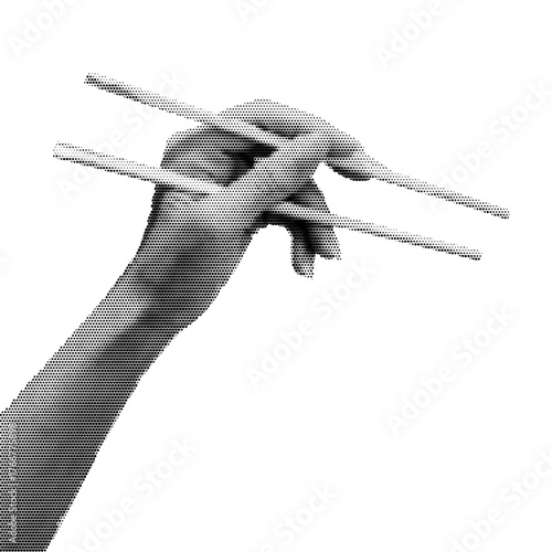 Collage halftone hand holding chopsticks isolated on transparent background. Black and white dotwork illustration. Retro stipple texture Asian utensil concept. Vector.