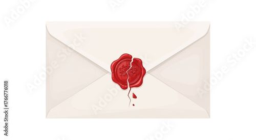 Broken red wax seal on closed envelope