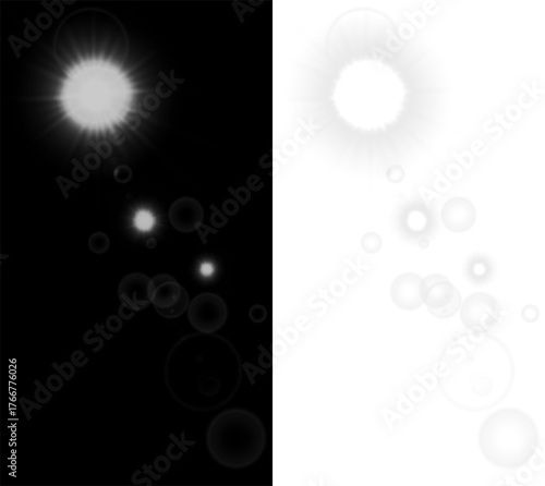 Fotografie Abstract light burst overlay with soft glowing orbs on contrasting black and whi