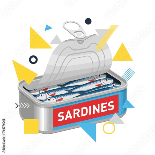 Tin can sardines, open, with pulltab, showing several fish packed tightly inside, isolated on