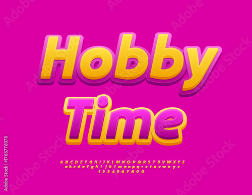 Vector Cute emblem Hobby Time. Artistic Yellow and Pink Font. Trendy Italic Alphabet Letters and Numbers set