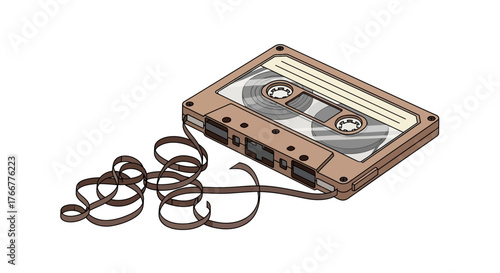 Vintage cassette tape with its magnetic tape spilling out, , representing retro music and analog audio technology from the past