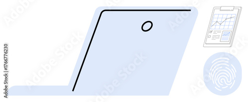 Laptop partially open next to a chart clipboard and a fingerprint icon. Ideal for data analysis, privacy, innovation, technology, cybersecurity, productivity, and research. Simple flat metaphor