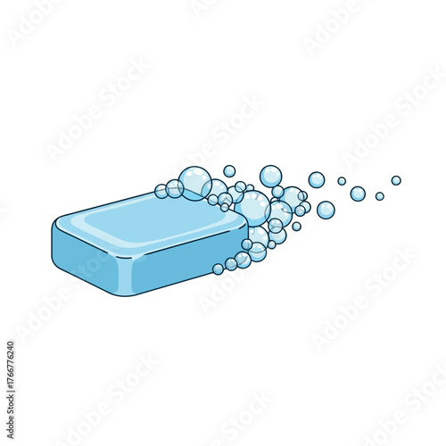 Bar blue soap with cascade bubbles and suds, , symbolizing cleanliness, hygiene, and personal care