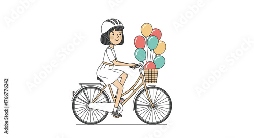 Illustration of girl riding bicycle with balloons basket wearing helmet happy celebration fun outdoor art