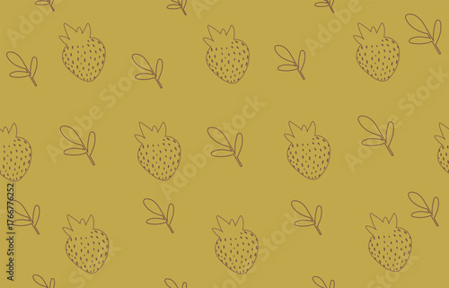 Khaki Olive Green Strawberry Outline Seamless Pattern Vector for Home Decor
