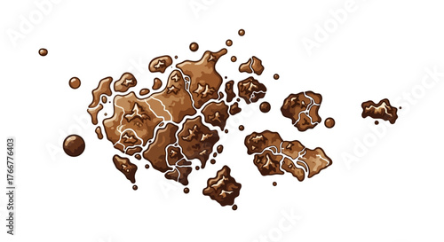 Abstract spilled brown liquid, possibly chocolate or coffee, forming irregular shapes and droplets on, isolated