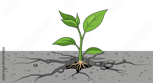 Young green plant with visible roots emerges from cracked dry ground, symbolizing growth, resilience, and new beginnings in challenging environments