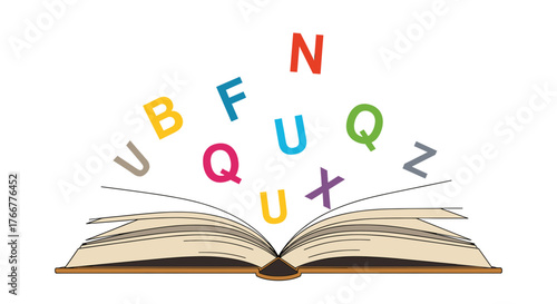 Open book with flying colorful letters illustration for education reading learning and literacy concept art