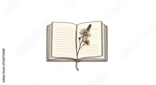 An open book with delicate dried flowers pressed between its pages, tied with ribbon, suggesting story, memory, or connection to nature and literature