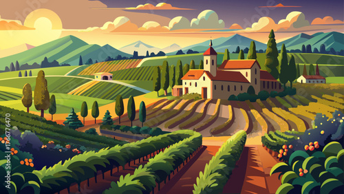 ChatGPT said:

Very beautiful, vineyards with grapevine and winery along wine road in the evening sun, Europe, golden countryside landscape, lush green rows, tranquil rural scenery, and warm glowing 