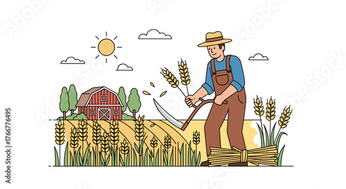 Illustration of farmer harvesting wheat with scythe in field near barn on sunny day rural agriculture scene