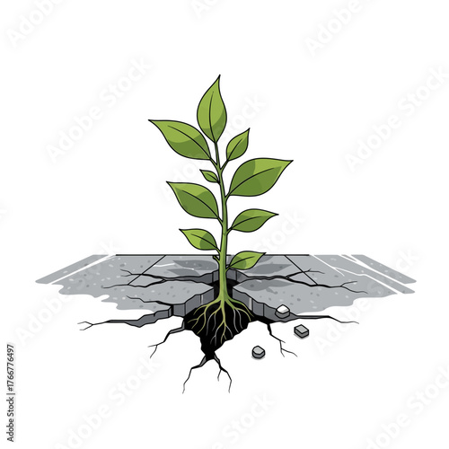 Green plant with leaves and roots growing through cracked pavement, symbolizing resilience, hope, and natures persistence against urban obstacles