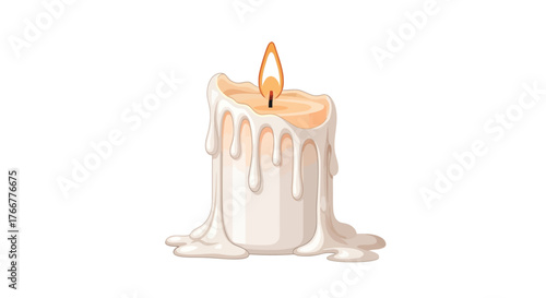 Melting candle with lit flame, dripping wax down its sides, representing warmth, light, and the passage time