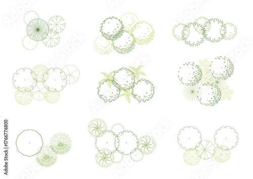 architecture drawing plant tree top view plan greenery vegetation vector. design nature architectural landscape set element illustration bush garden flora sapling minimal. architect isolated.