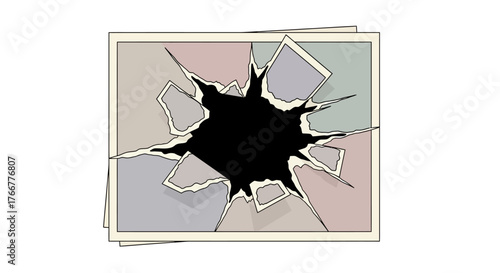 Torn photograph with jagged hole in the center, revealing blackness, with pastelcolored fragments the image visible around the edges