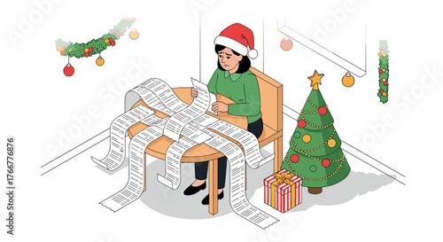 Holiday budget stress: woman in santa hat with long receipts during christmas season
