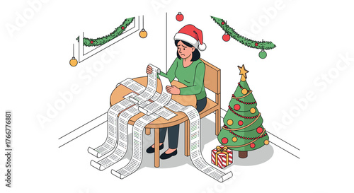 Woman in santa hat reviews long receipts with christmas tree and decor