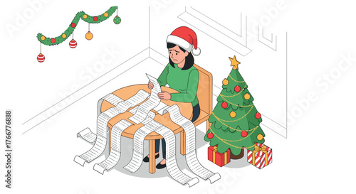 Stressed woman in santa hat reviewing holiday expenses next to christmas tree