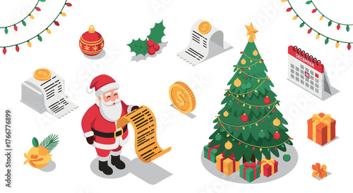 Festive christmas scene with santa, decorated tree, gifts, and holiday icons in isometric style