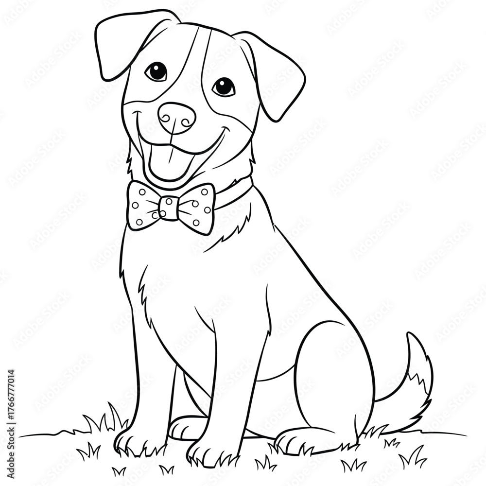 Fototapeta premium Vector art of cute cartoon dog wearing a bow tie sitting on grass, line art cute animal coloring page
