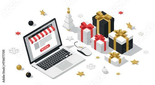 Online holiday shopping with laptop and wrapped gifts in festive isometric style