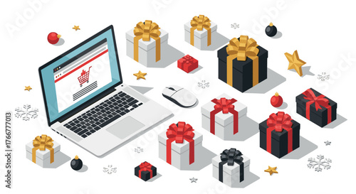 Festive online shopping with gifts and decorations in isometric style