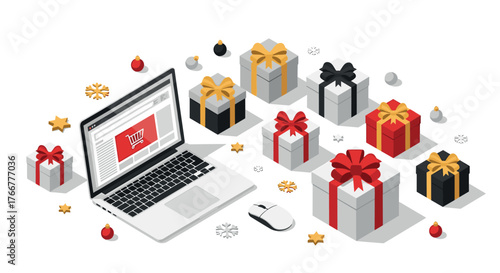 Isometric holiday shopping scene with laptop and gift boxes
