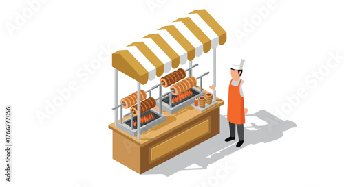 Isometric street food vendor with rotisserie meat stall and chef