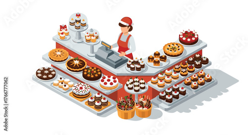 Isometric bakery counter with pastries and cakes displayed by cashier