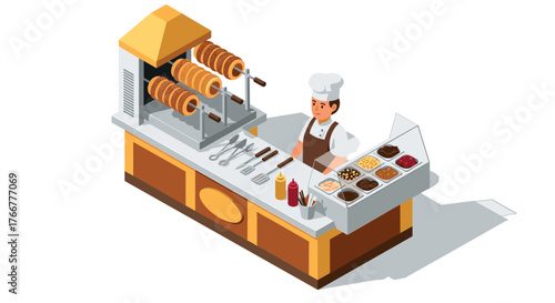 Isometric street food vendor with chef and doner setup at a kiosk