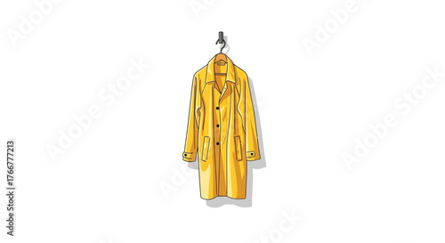Vibrant yellow trench coat with subtle pattern, hanging neatly on dark hook against stark wall
