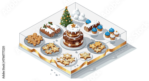 Festive winter desserts and holiday treats in isometric style