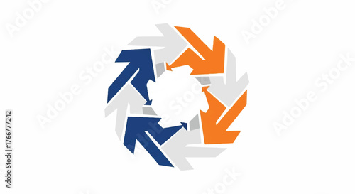 A circular arrangement of arrows pointing in different directions, with blue, orange, and gray colors on a white background.