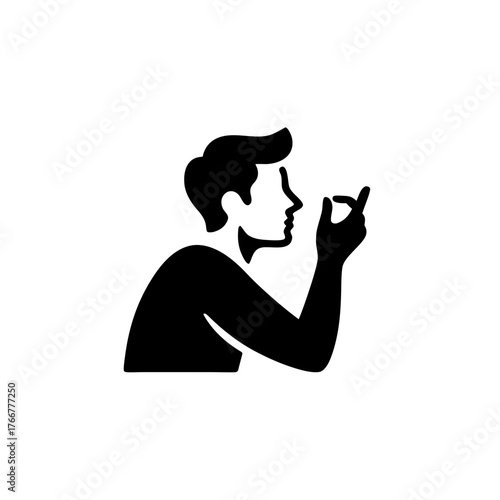 Icon of a human silhouette with a raised finger, suggesting or explaining a concept, simple black and beige, communication and idea icon