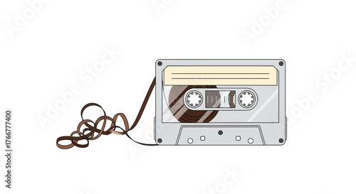 Vintage cassette tape with its magnetic tape unspooled and tangled, , evoking nostalgia and retro technology