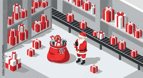 Santa in warehouse with conveyor belt and gift boxes in isometric design