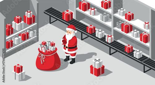 Santa preparing gifts in modern isometric warehouse setting with conveyor belt