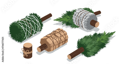 Isometric sauna whisks collection with natural leaves and wooden handles