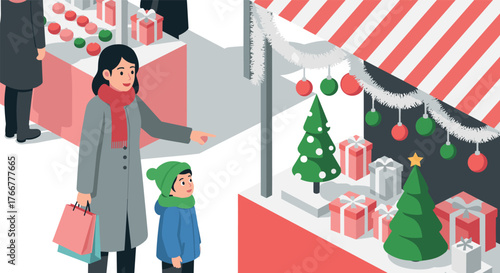 Festive market scene with family holiday shopping at christmas stall