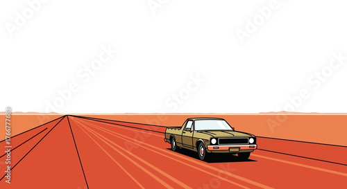 Vintage pickup truck driving on long, straight, empty road through desert landscape with orange hues, conveying sense journey and freedom